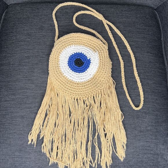 Wayan Natural Wear Round Crochet Evil Eye Shoulder Crossbody Bag Fringe Zip 7" - Picture 1 of 10